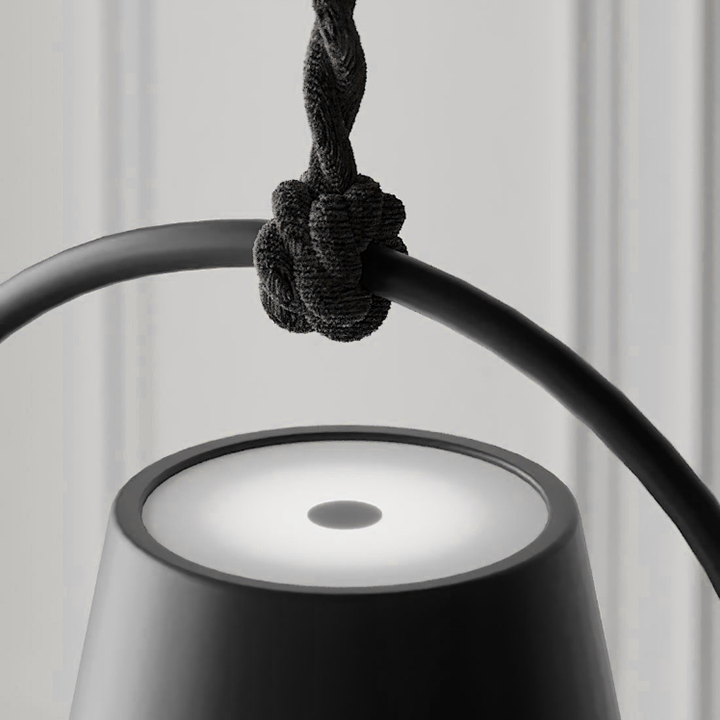 Versatile AuraGlow LED lamp, a rechargeable pendant light for modern indoor, outdoor, & portable use.