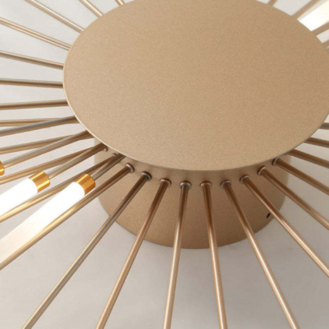 Modern LED ceiling light against a neutral wall, highlighting its black finish & form