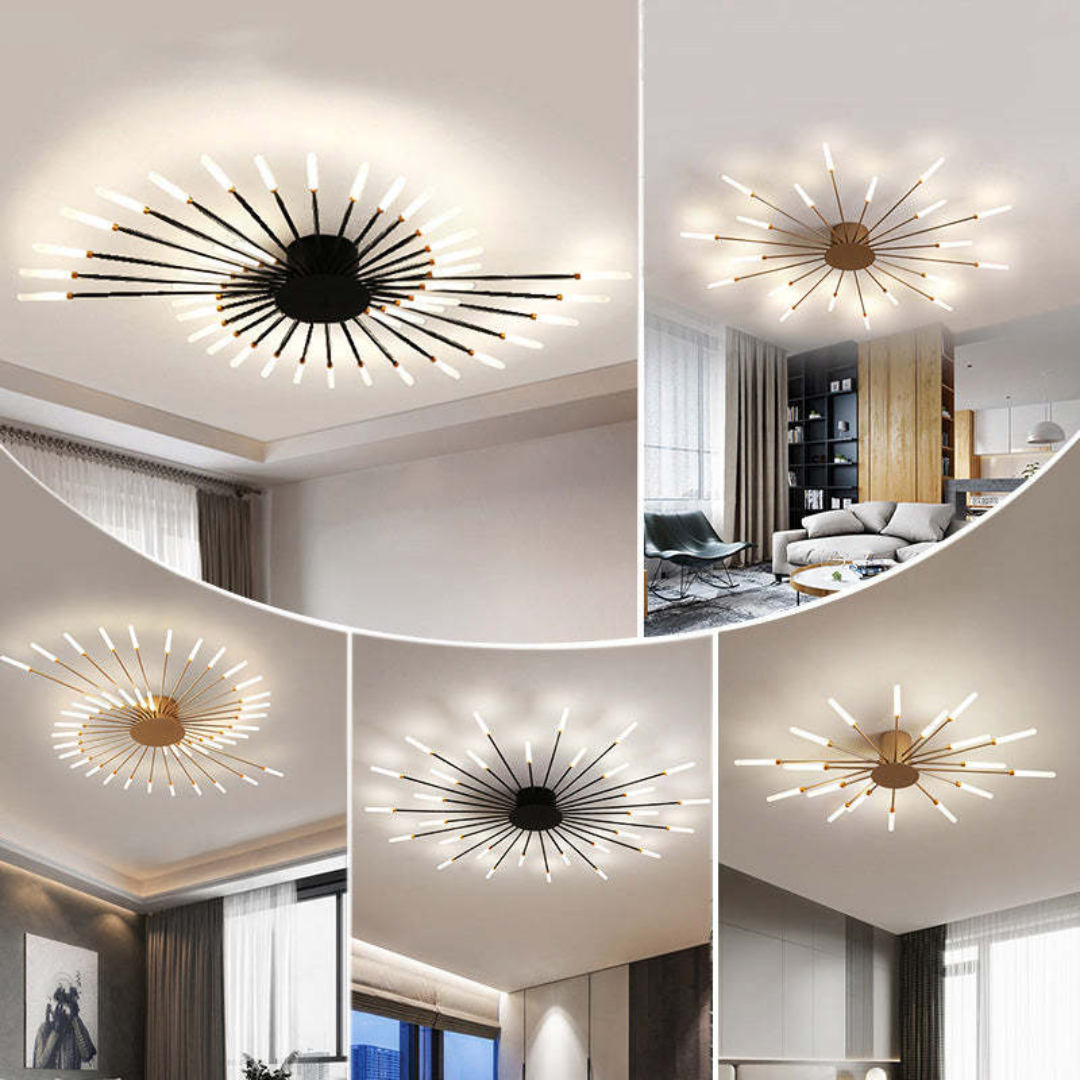 Warm glow from a dimmable gold LED ceiling light, creating a cozy bedroom atmosphere