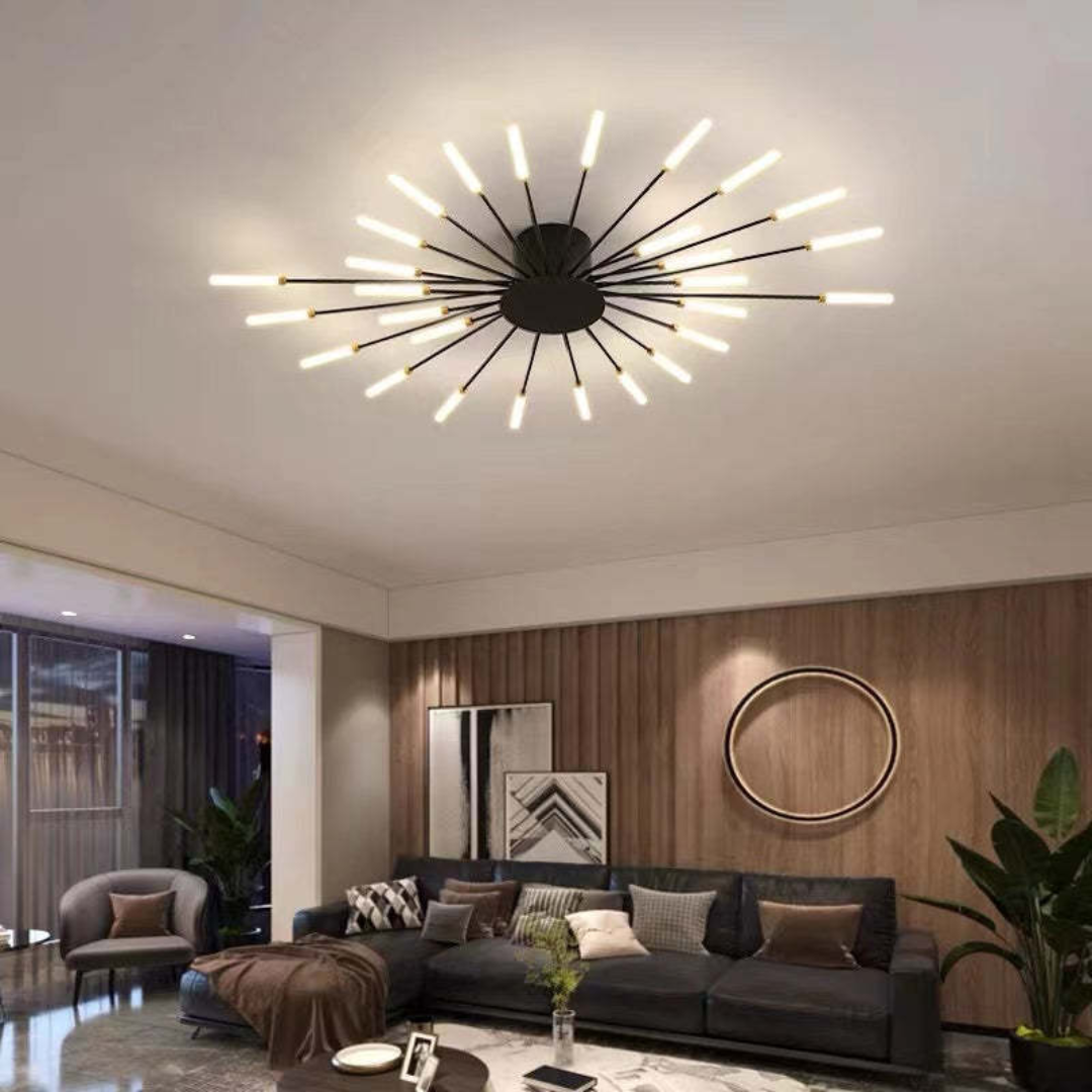Dimmable LED ceiling light, gold finish, illuminating a bright and modern living space