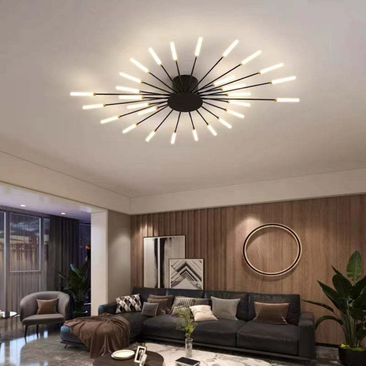 Dimmable LED ceiling light, gold finish, illuminating a bright and modern living space