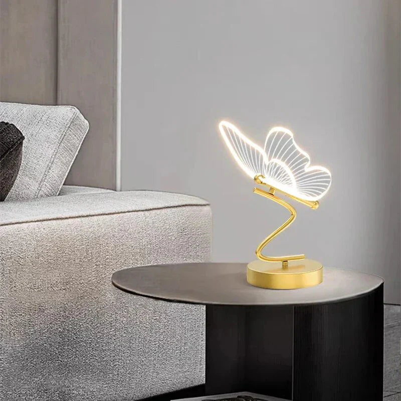 Butterfly-shaped LED nightlight on a bedside table, offering gentle illumination for a peaceful bedroom