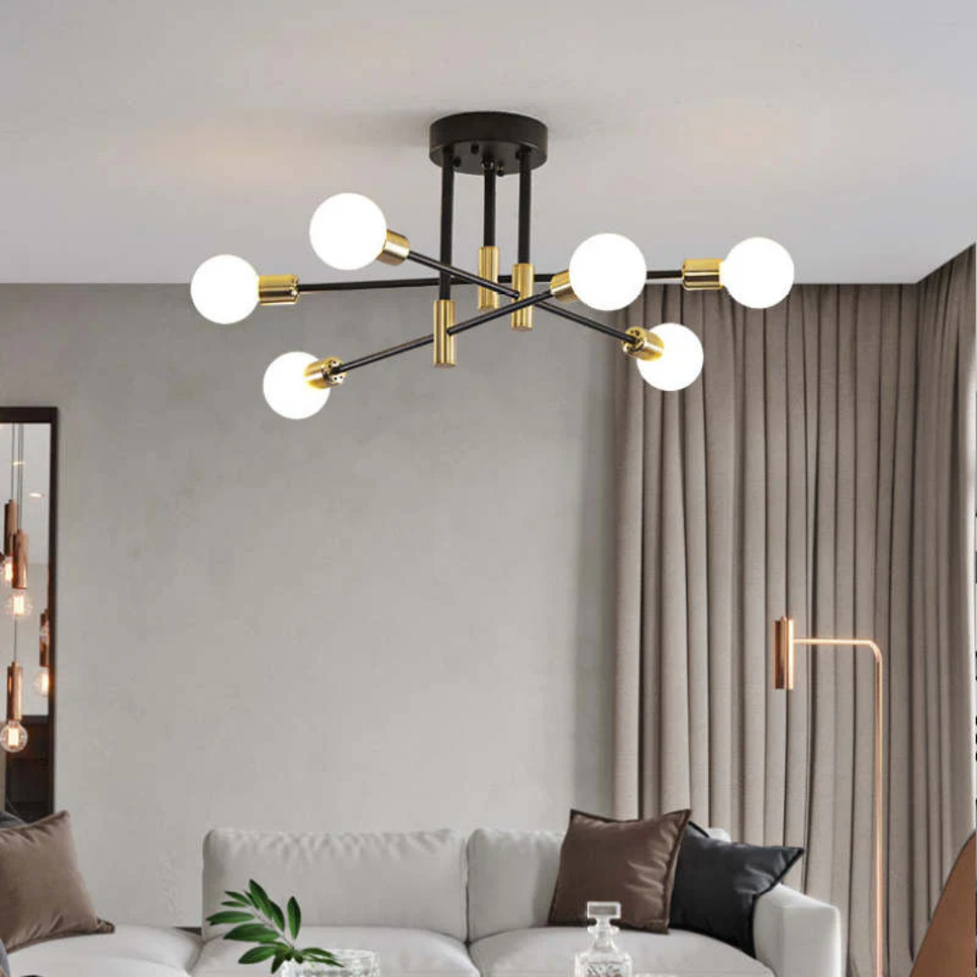 Elegant black gold LED ceiling light, modern design, brings luxurious ambiance to your space.