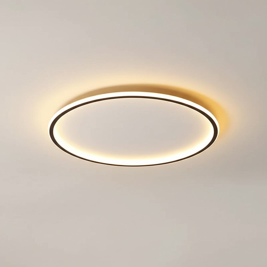 Close-up of Modern LED Ceiling Light, aluminum frame, warm glow for hallways