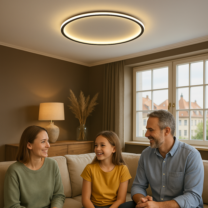 Living room with a stylish Modern LED Ceiling Light, aluminum housing, dimmable