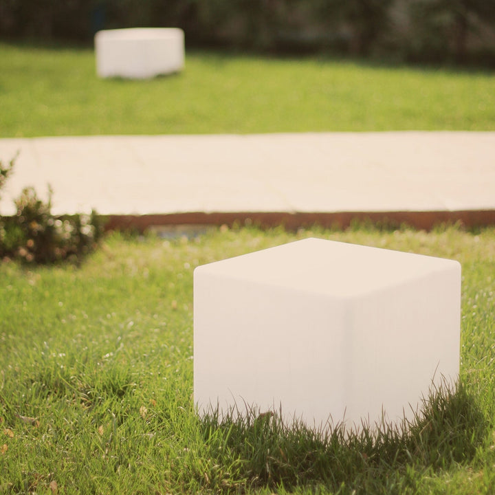 Outdoor LED Cube Light, LumaCube, illuminating a garden path