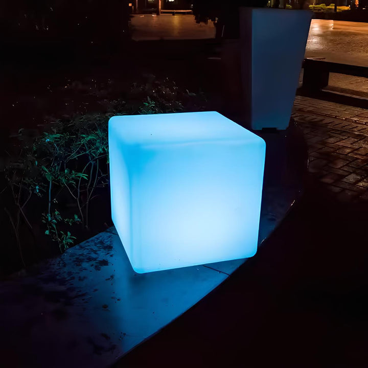 Detail of a LumaCube LED Cube Garden Light, textured surface