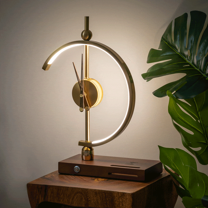 Modern LED desk lamp with wireless charger, clock, & adjustable light for home office.