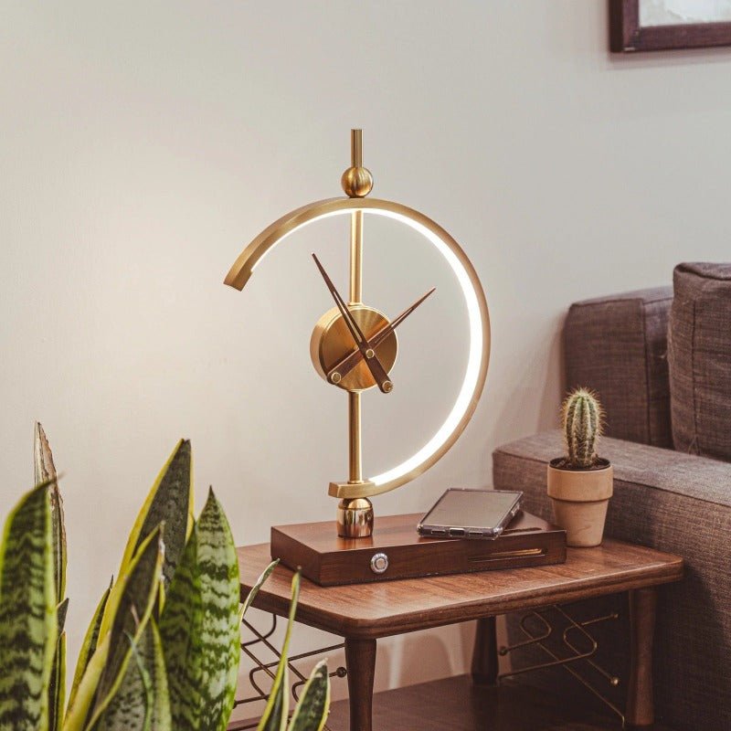 Rechargeable LED table lamp with modern design, built-in Qi wireless charger & digital clock.