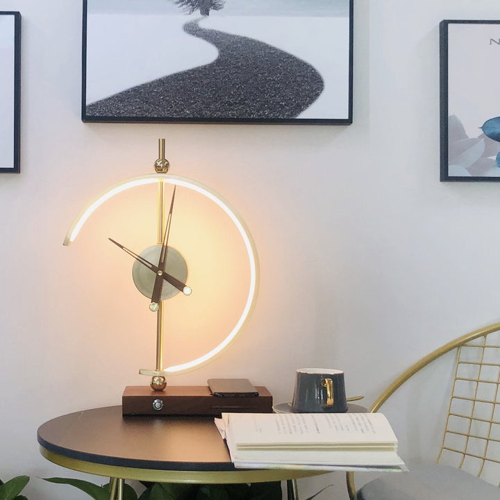 Stylish maple wood desk lamp with integrated wireless phone charger & clear digital clock display.