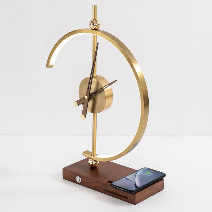 Contemporary bedside lamp with Qi wireless charger, digital clock display & touch controls.