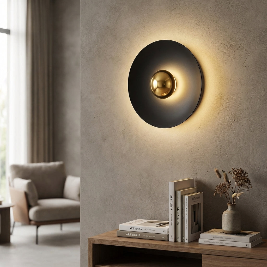 Modern LED halo wall sconce, round Auroryn design, warm ambient lighting for contemporary home decor