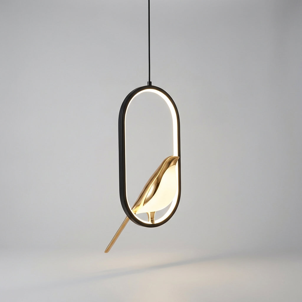 Glowmere modern decorative LED pendant light, illuminating a living space with ambient glow.