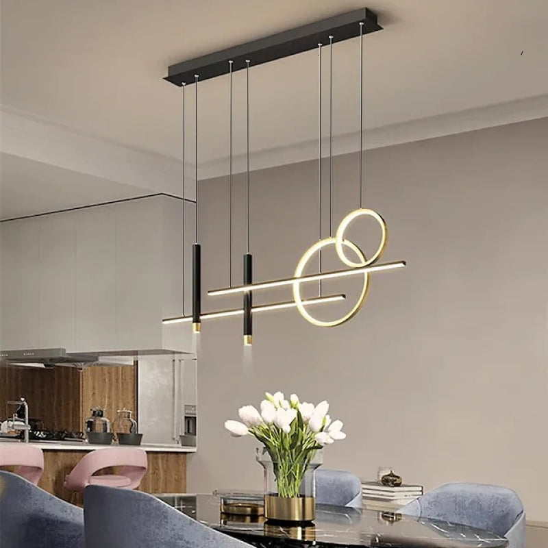 Elegant gold modern LED pendant light, a stylish living room fixture & home decor accent.