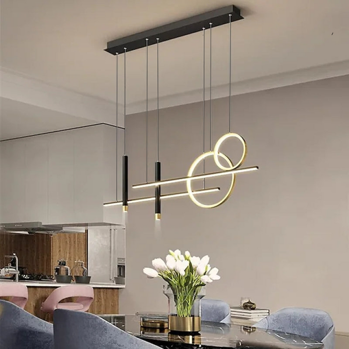 Elegant gold modern LED pendant light, a stylish living room fixture & home decor accent.