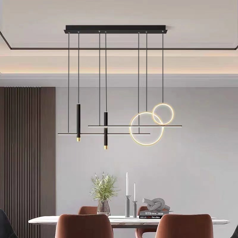 Modern LED pendant light illuminating a stylish dining room, a contemporary ceiling lamp & home decor piece.