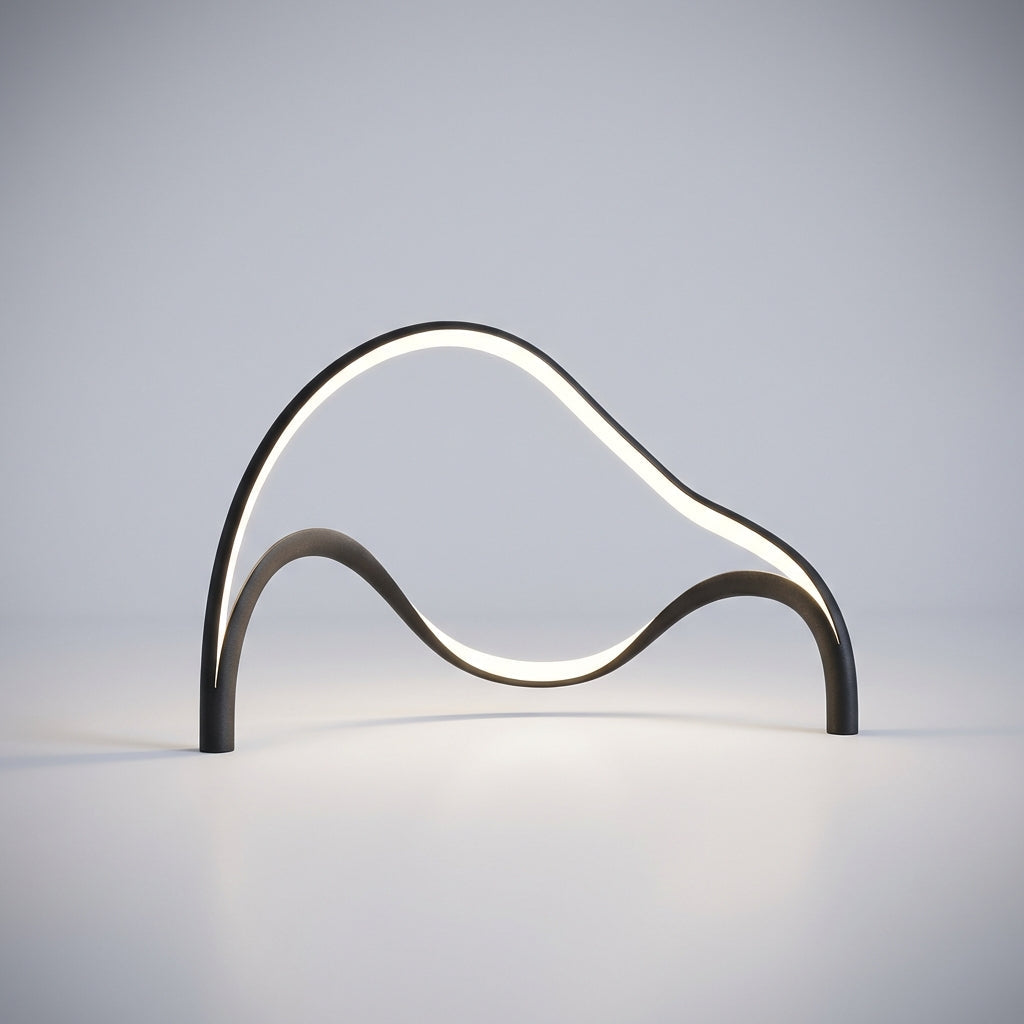 Arcelle modern sculptural LED table lamp, contemporary design in a living room ambient lighting setting.