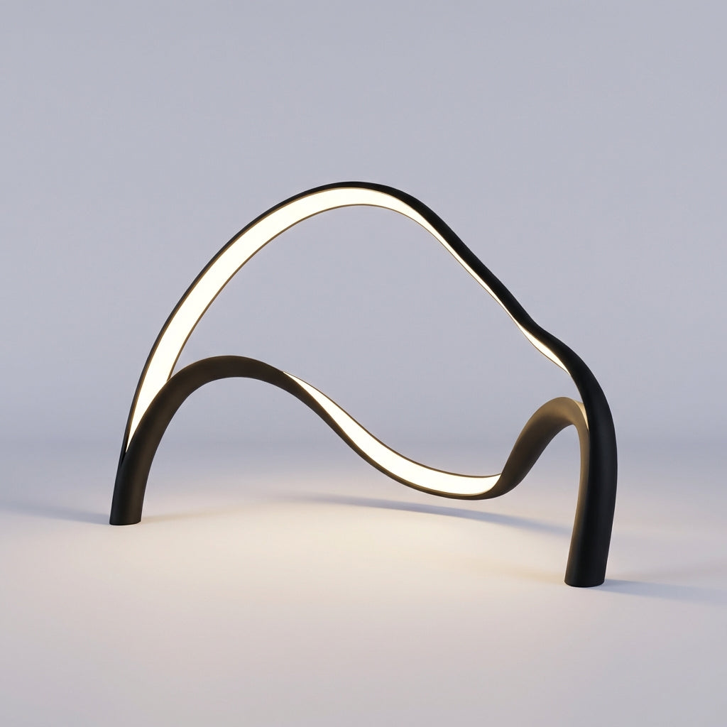 Ambient lighting from an Arcelle modern sculptural LED table lamp, adding warmth to a bedroom.