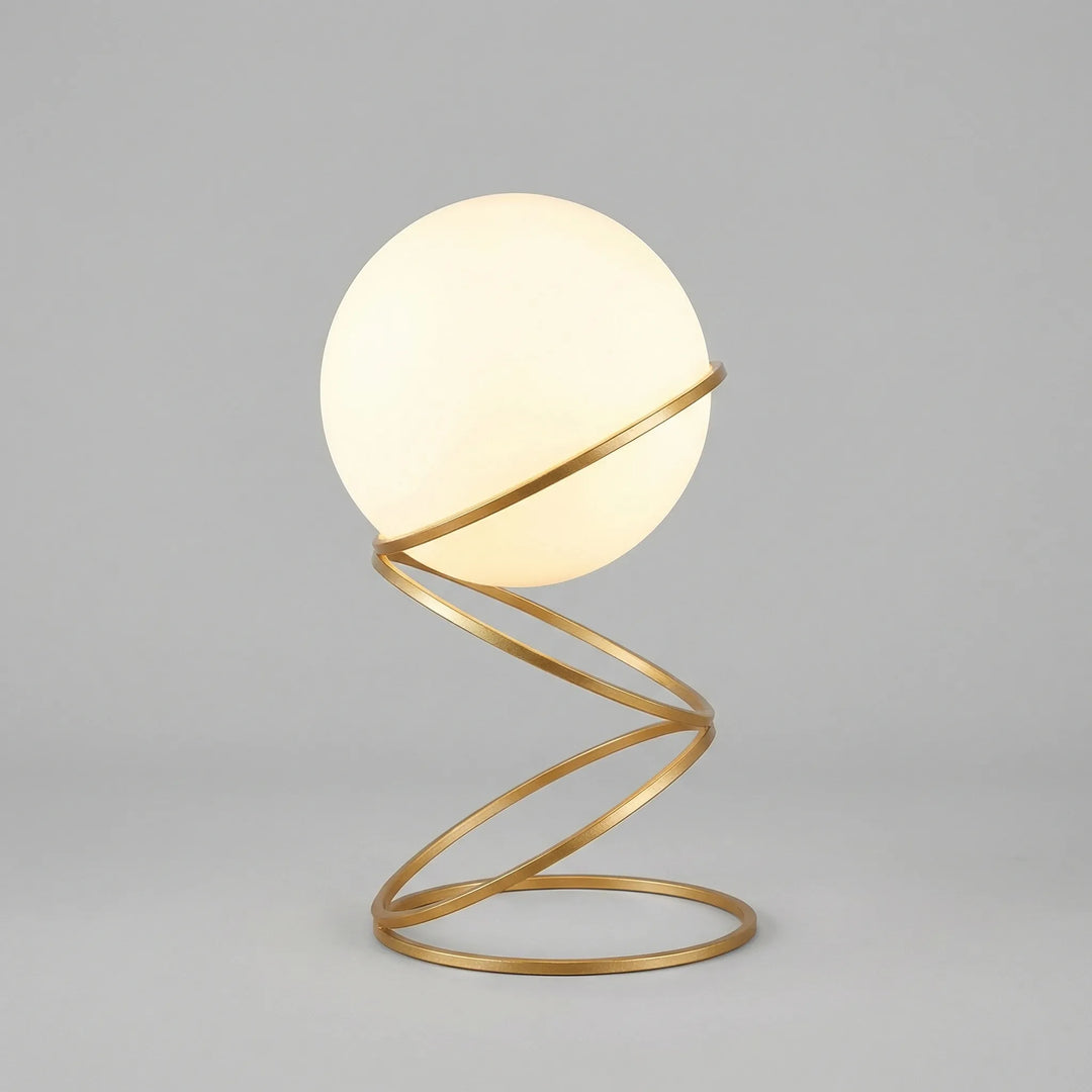Close-up of a Modern Spiralis LED table lamp, showcasing its distinctive spiral design and soft illumination