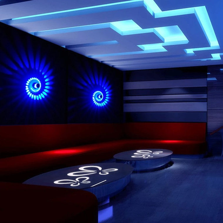 Decorative LED spiral lamp against a minimalist wall, modern lighting fixture