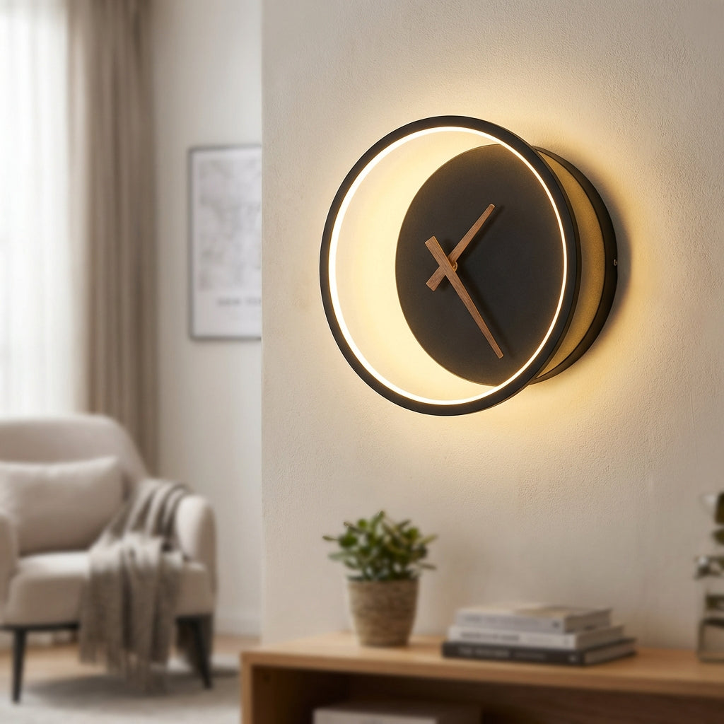 Modern LED Wall Clock Fixture, black finish, minimalist design, showing 3:15, ideal for contemporary living room decor