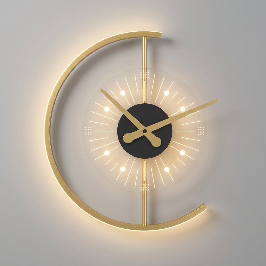 Modern LED Wall Clock Fixture against a light wall, highlighting its unique time display and elegant, functional design