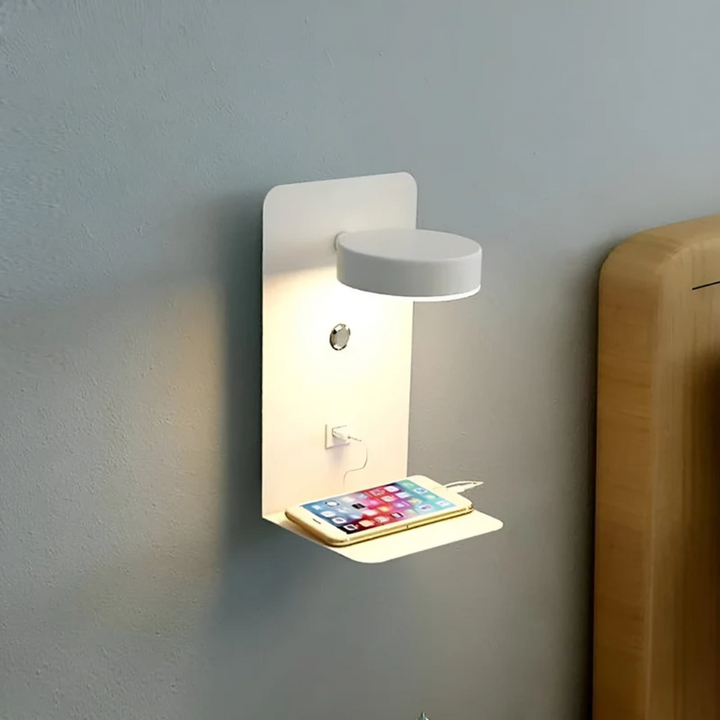 Modern LED wall lamp with integrated USB charging port, ideal for bedroom or living room lighting.