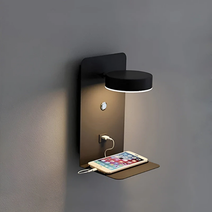 Minimalist PowerGlow LED wall light, energy-efficient, with convenient USB charging functionality.