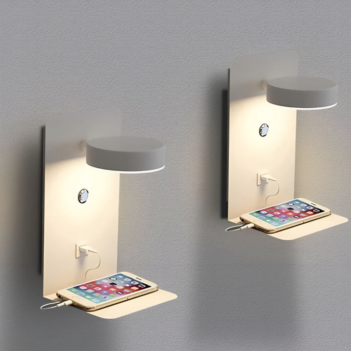 Indoor LED wall lamp, perfect for bedside reading, featuring a built-in USB charger for devices.
