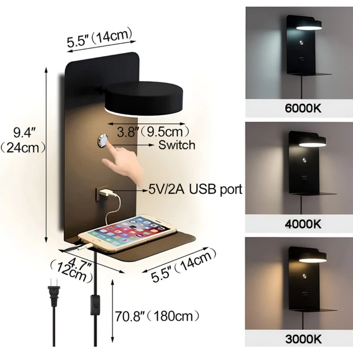 PowerGlow modern LED wall lamp provides energy-efficient indoor lighting & a USB charging station.
