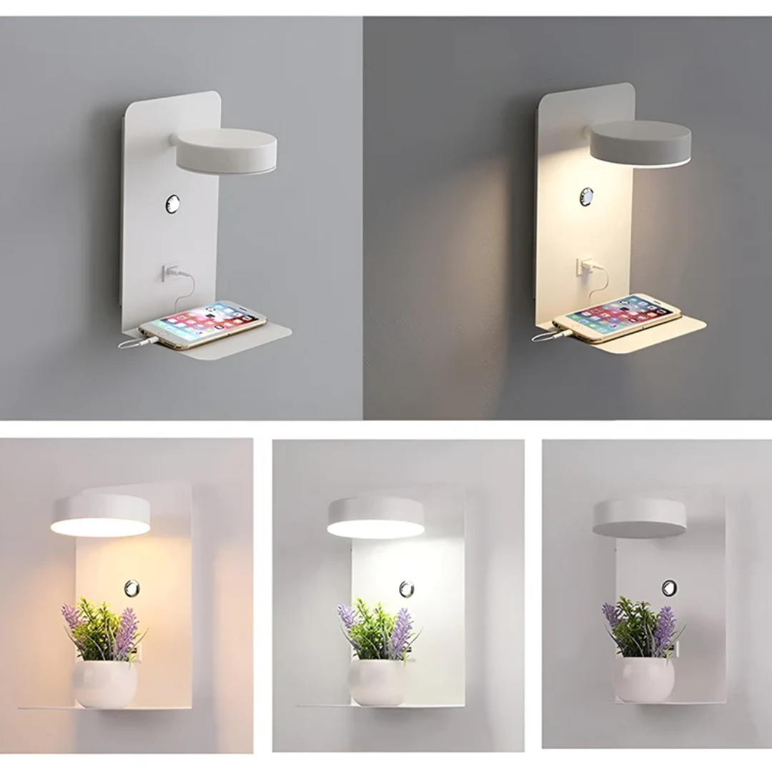 Contemporary LED wall lamp with USB charger, ideal for bedroom, study, or living room ambient light.