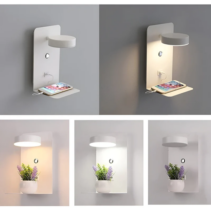 Contemporary LED wall lamp with USB charger, ideal for bedroom, study, or living room ambient light.
