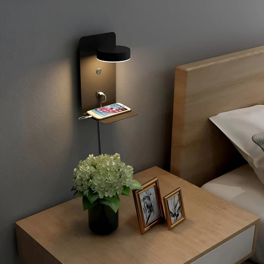 Modern LED wall lamp showing the USB charging port, perfect for minimalist indoor spaces and convenience.