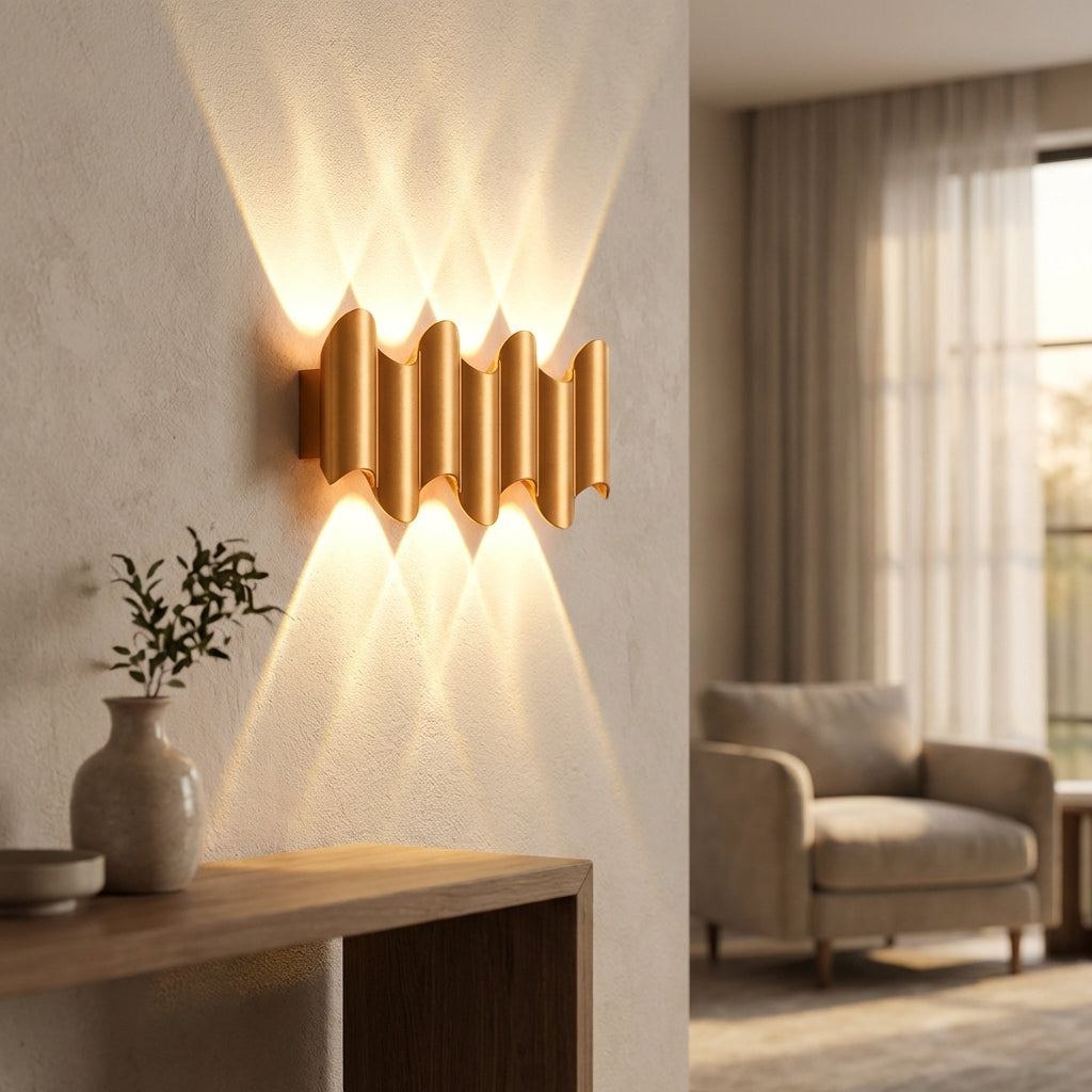 Modern LED wall sconce, black, rectangular, emitting warm white light, perfect for contemporary home decor.