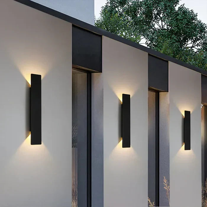Modern LED wall sconce light for outdoor, waterproof IP65, aluminum, warm white glow, garden lighting