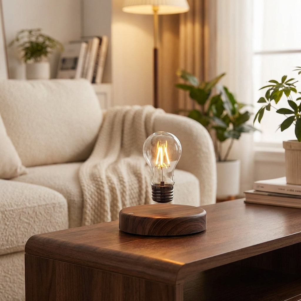 Modern Levora levitating LED table lamp with a dark wooden base, perfect for contemporary home decor and ambient lighting.