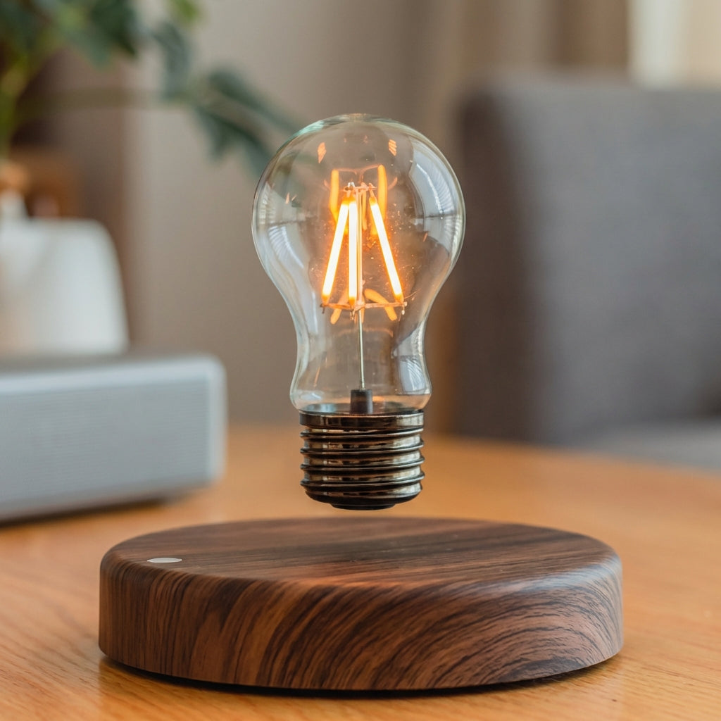 Close-up of the Levora levitating LED table lamp showcasing its unique magnetic suspension and soft, energy-efficient light.