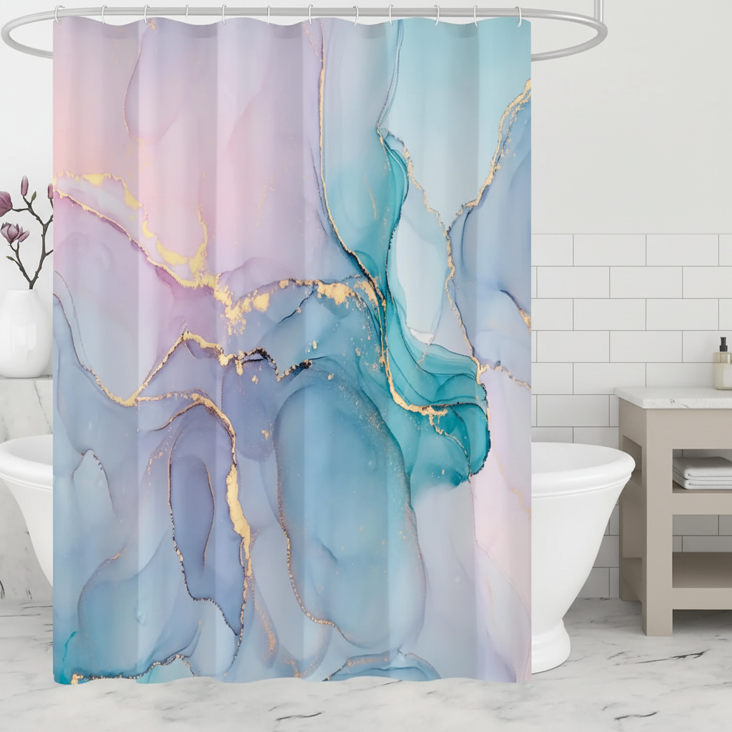 Modern marbled shower curtain with elegant golden accents, perfect for chic bathroom decor.