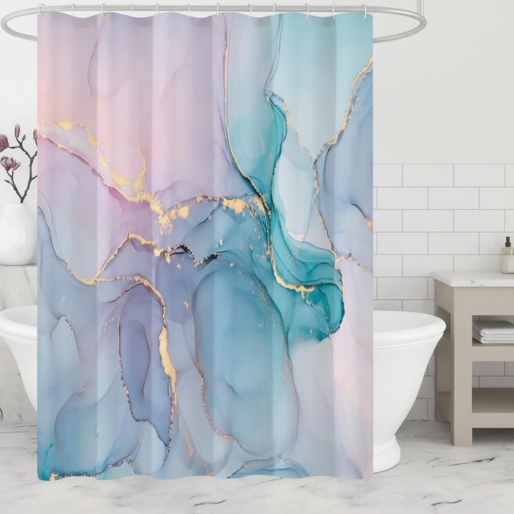 Modern marbled shower curtain with elegant golden accents, perfect for chic bathroom decor.