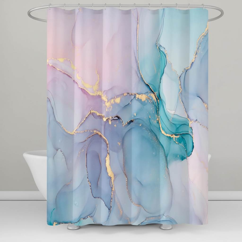 Aquarellea modern marbled shower curtain, waterproof polyester with shimmering gold details.