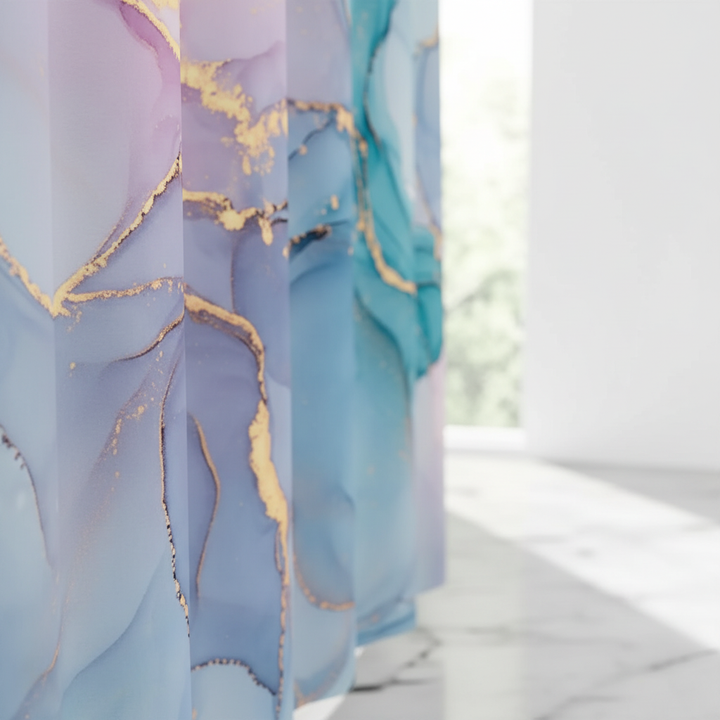 Stylish marbled shower curtain featuring abstract patterns and luxurious golden accents.