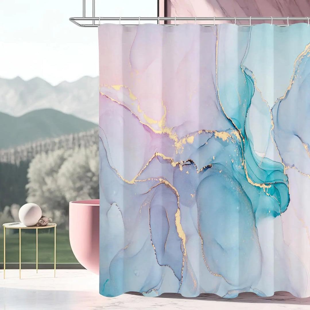 Close-up of a modern marbled shower curtain with golden veins, showcasing waterproof fabric.