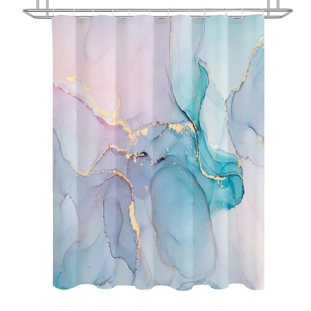 Full view of a contemporary marbled shower curtain, gold accents complementing its modern design.
