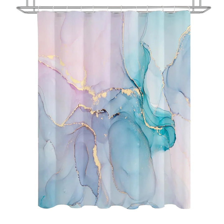 Full view of a contemporary marbled shower curtain, gold accents complementing its modern design.