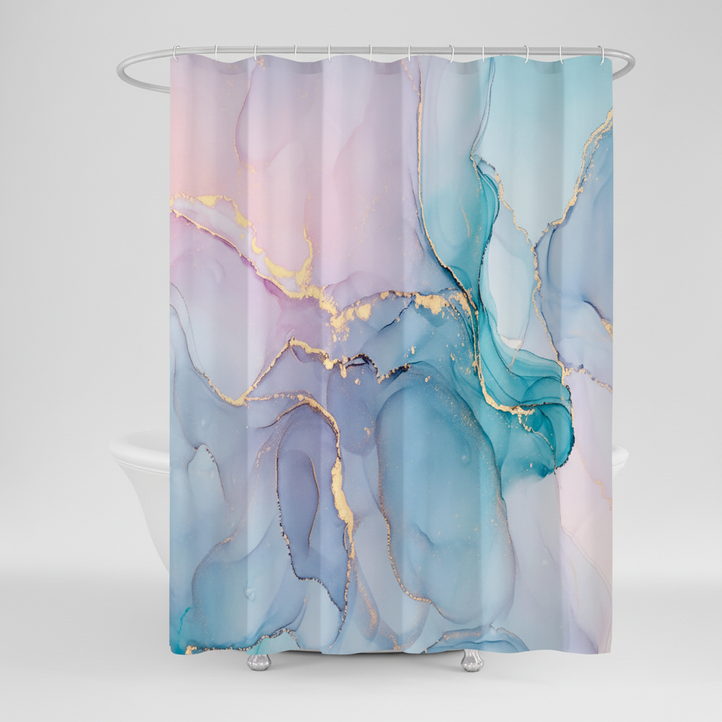 Mold-resistant marbled shower curtain with golden highlights, ideal for a modern bathroom.