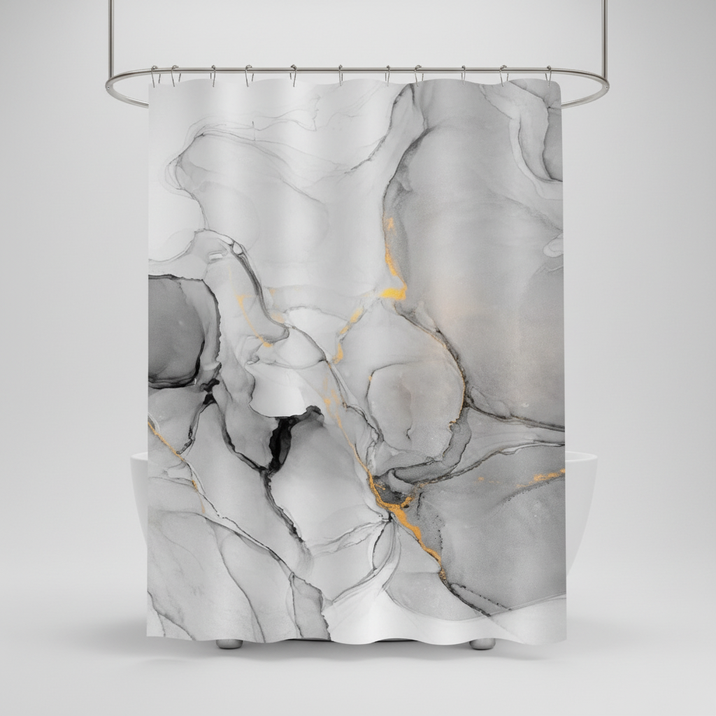 Elegant marbled shower curtain, easy-clean polyester with tasteful golden details, home decor.