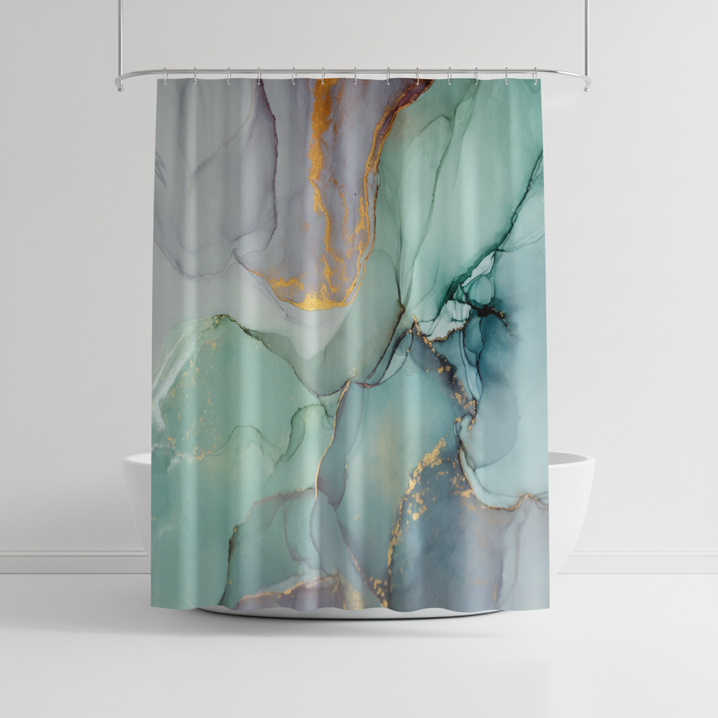 Abstract marbled shower curtain with artistic golden streaks, enhancing modern bathroom aesthetics.