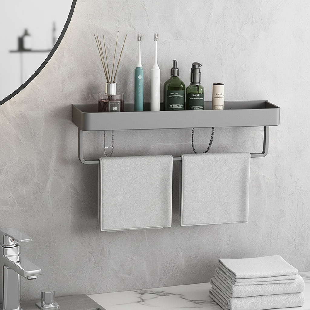 Modern matte gray floating wall shelf with towels, a sleek bathroom storage solution