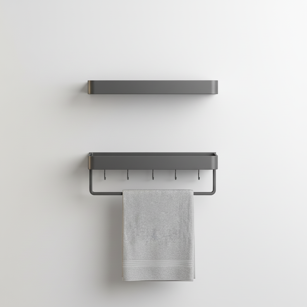 Modern home organization with a matte gray wall shelf, displaying plants & books