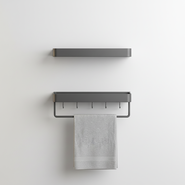 Modern home organization with a matte gray wall shelf, displaying plants & books